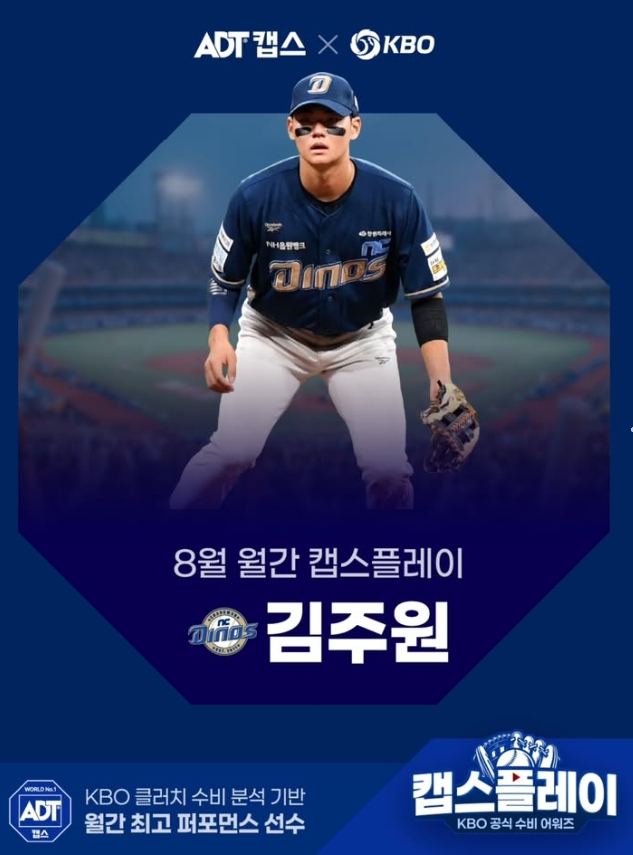 ▲8월 최고의 수비 주인공으로 선정된 NC 다이노스의 김주원. (출처=KBO 공식 SNS)