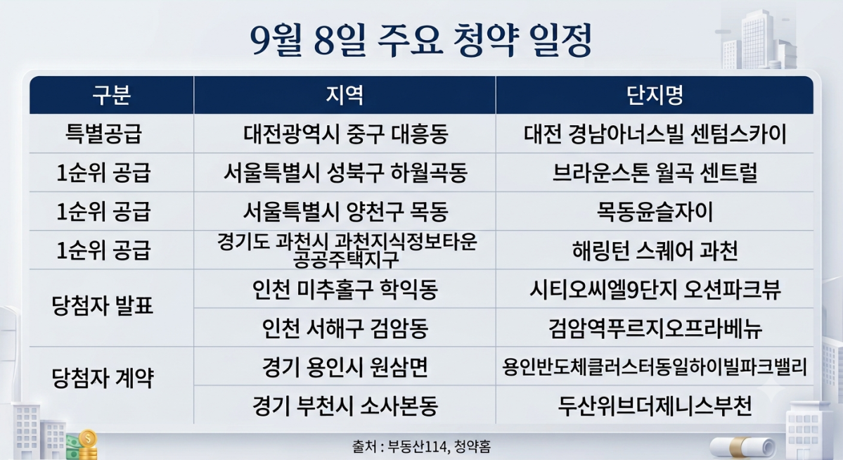 ▲9월 8일 화요일 주요 청약 일정 (사진=AI 생성)