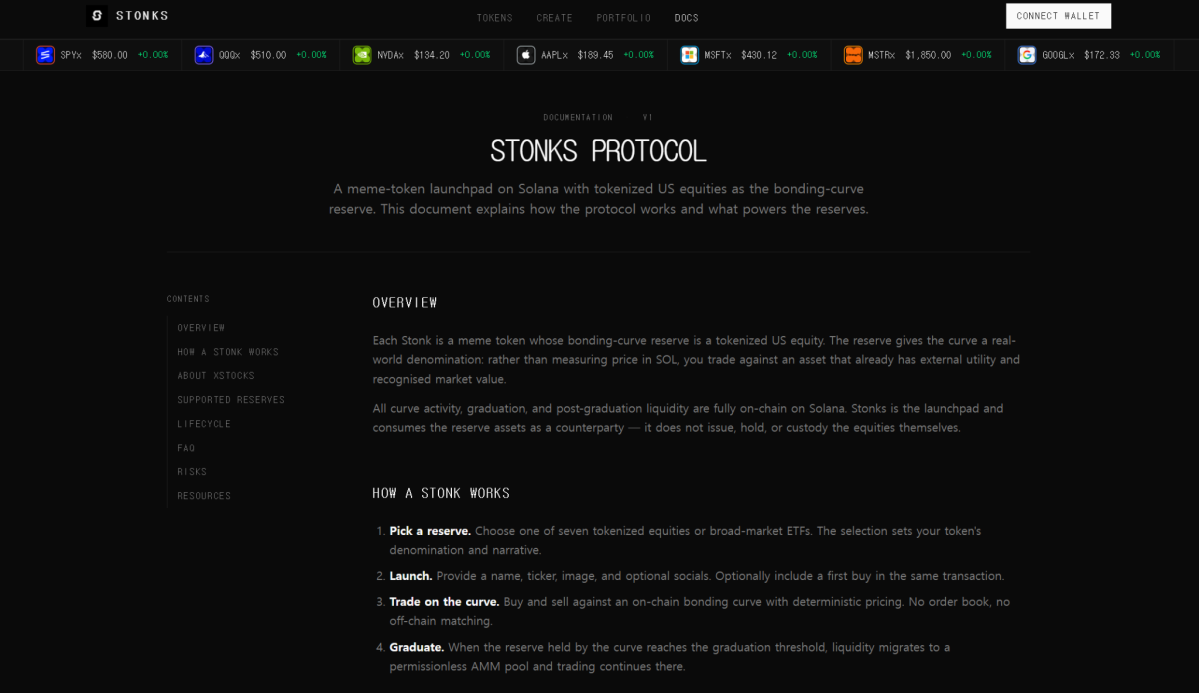 ▲Stonks Protocol 공식 문서 화면. 플랫폼은 NVDAx·SPYx 등 토큰화 주식을 밈코인 본딩커브의 준비자산으로 활용할 수 있도록 지원한다. (출처=Stonks Protocol)