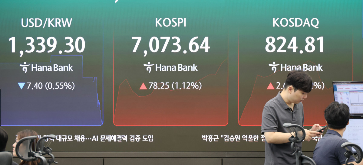 ▲8일 서울 중구 하나은행 본점에서 직원들이 증시와 환율을 살피고 있다. (사진= 연합뉴스)