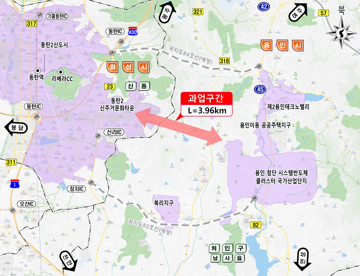 ▲용인특례시와 화성특례시가 공동 추진하는 ‘용인 남사읍~화성 신동 연결도로’ 위치도. 용인 남사읍 완장리와 화성 동탄 신동을 잇는 총연장 3.96㎞, 왕복 4차로 규모로 계획됐으며 총사업비는 약 2000억원으로 추정된다. 두 도시는 10월19일 업무협약을 체결해 사업을 구체화할 예정이다. (용인특례시)
