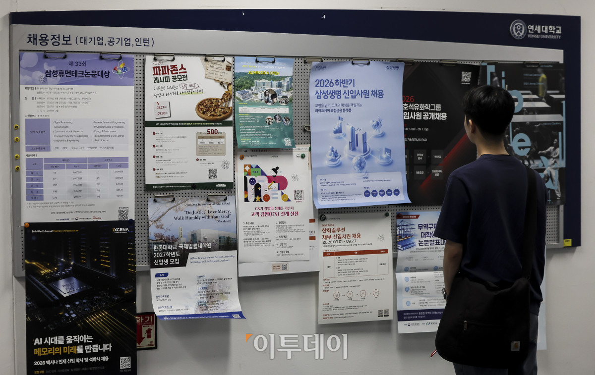 ▲청년층 취업자 수가 46개월째 감소세를 이어가고 있는 가운데 9일 서울 시내의 한 대학교 취업게시판을 찾은 학생이 취업공고문을 살펴보고 있다. 이날 국가데이터처 '8월 고용동향' 발표에 따르면 지난달 15세 이상 취업자는 2천915만1천명으로 작년 같은 달보다 18만4천명 증가했다. 하지만 15~29세 청년층 취업자는 14만3천명 줄어 46개월째 감소세를 이어가고 있는 것으로 나타났다. 고성준 기자 joonko1@