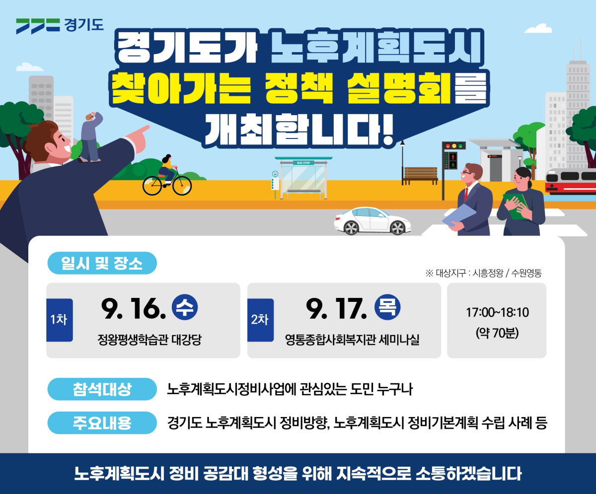 ▲경기도가 17일 오후 5시 수원 영통종합사회복지관에서 ‘노후계획도시 찾아가는 정책설명회’를 연다. 경기도의 정비 방향과 1기 신도시·인천·부산 기본계획 사례, GH 사전컨설팅 지원방안 등을 설명하고 주민 의견을 수렴한다. (경기도)
