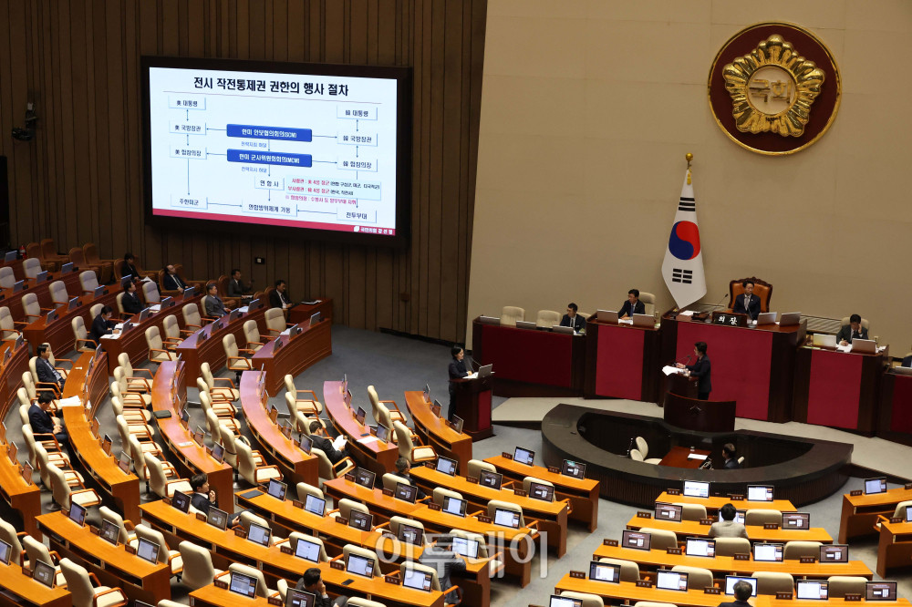 ▲한성숙 국무총리가 10일 서울 여의도 국회 본회의에서 열린 외교·통일·안보 분야 대정부질문에서 의원 질의에 답하고 있다. 고이란 기자 photoeran@