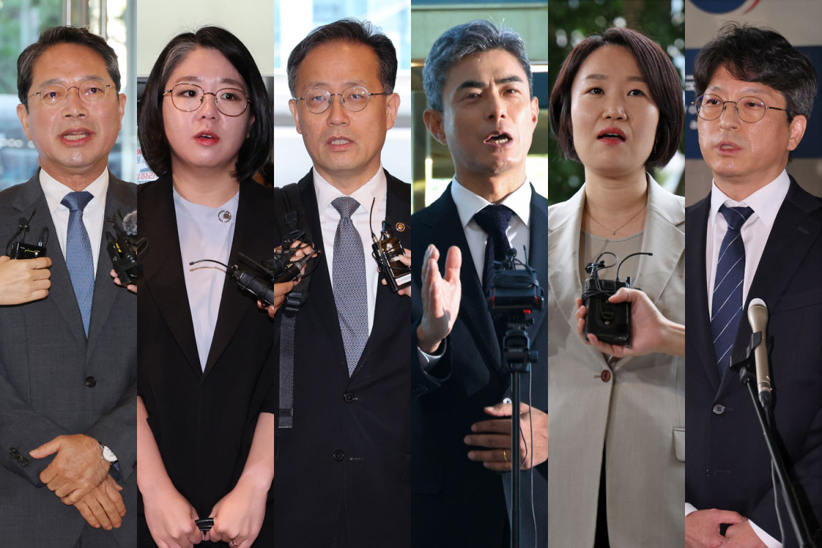 ▲김승원 법무부 장관 후보자(왼쪽부터), 용혜인 성평등가족부 장관 후보자, 이형일 부총리 겸 재정경제부 장관 후보자, 강신철 국방부 장관 후보자, 이소영 중소벤처기업부 장관 후보자, 홍지선 국토교통부 장관 후보자 (연합뉴스)