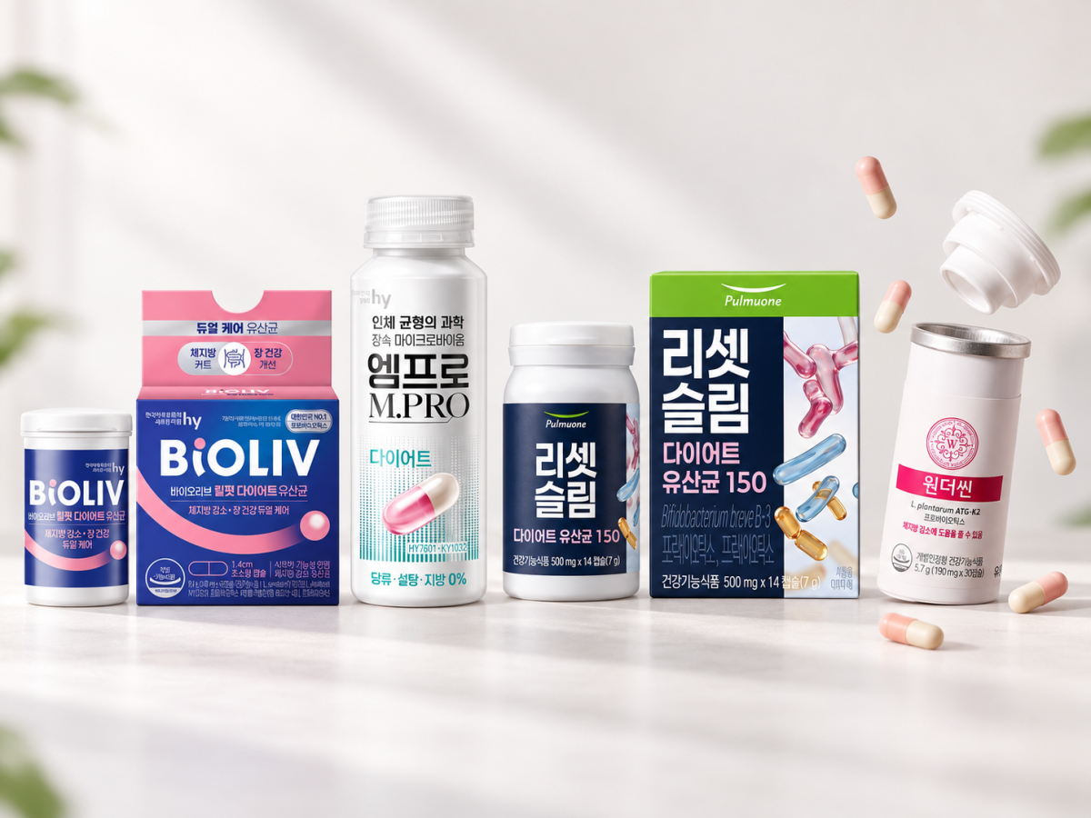 ▲hy 바이오리브 킬팻 다이어트 유산균, 풀무원건강생활 ‘리셋 슬림 다이어트 유산균 150’, 유한양행 ‘원더씬’.
(AI 기반 편집 이미지) (사진제공=hy·풀무원건강생활·유한양행)