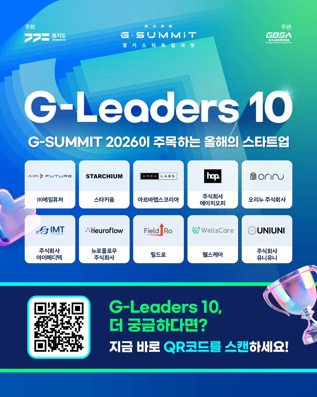 ▲경기도와 경기도경제과학진흥원이 선정한 ‘G-Leaders 10’. AI 반도체와 로보틱스, 바이오·헬스케어 등 미래산업 스타트업 10개사가 선정됐다. (경기도경제과학진흥원)