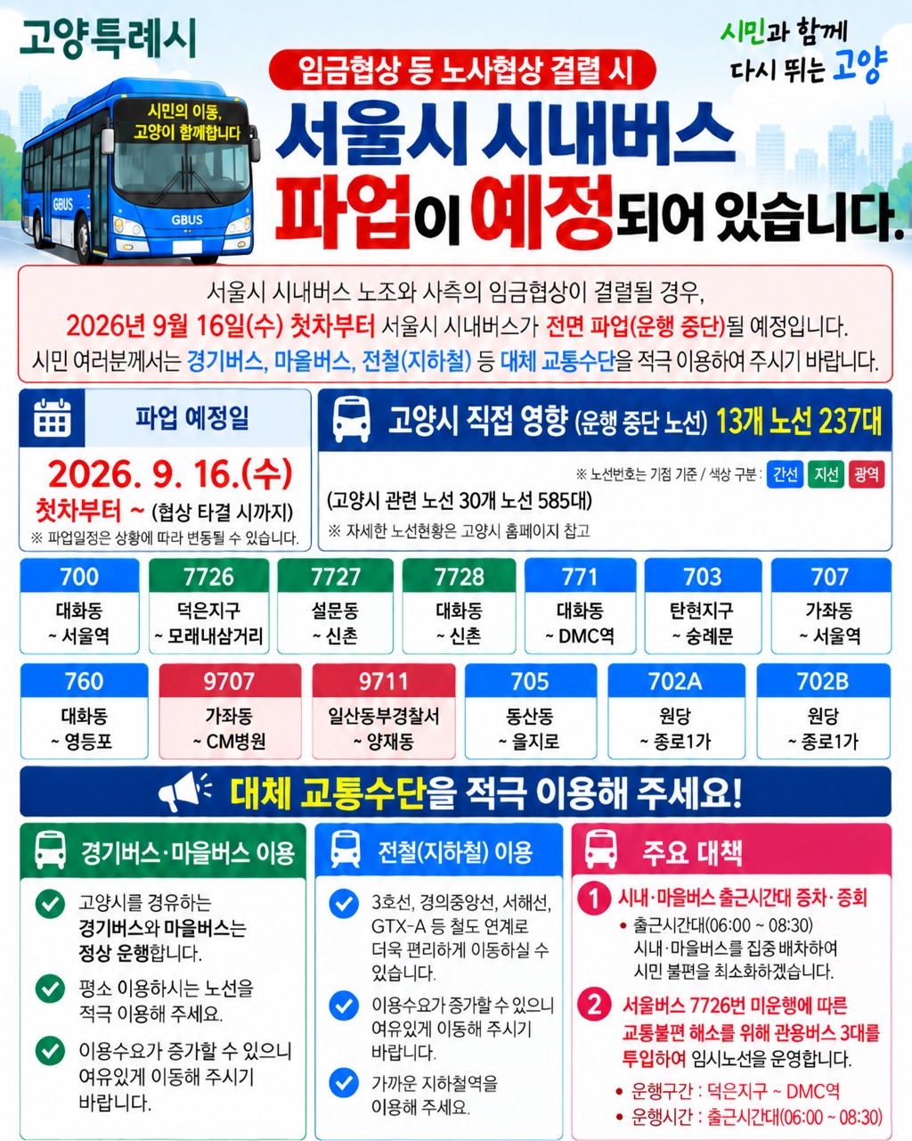 ▲고양특례시가 서울 시내버스 파업에 대비해 마련한 비상수송대책 안내 자료. 시는 16일 파업이 진행될 경우 서울 방면 주요 5개 노선의 출근시간대 배차를 늘리고 덕은지구~DMC역 임시노선을 신설하는 등 비상교통대책본부를 가동해 시민 불편을 최소화할 방침이다. (고양특례시)
