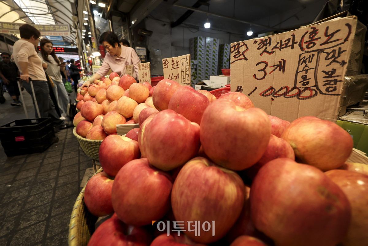 ▲추석 명절을 앞두고 있는 16일 서울 동대문구 청량리청과물시장을 찾은 시민들이 차례상에 올릴 제수용품을 고르고 있다. 한국물가협회에 따르면 올해 추석 차례상 준비 비용은 전통시장 30만3천750원, 대형마트 36만1천300원으로 전통시장이 5만7천550원 저렴한 것으로 나타났다. 고성준 기자 joonko1@