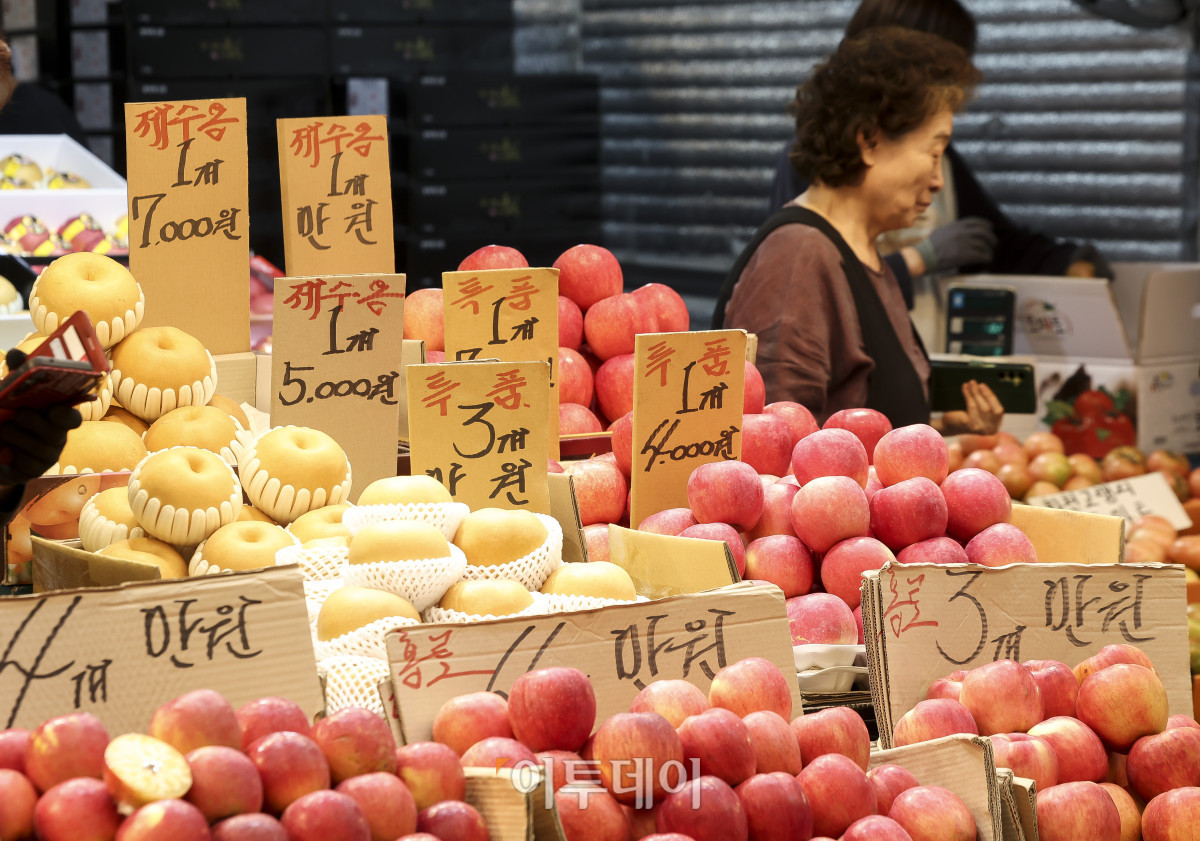 ▲추석 명절을 앞두고 있는 16일 서울 동대문구 청량리청과물시장을 찾은 시민들이 차례상에 올릴 제수용품을 고르고 있다. 한국물가협회에 따르면 올해 추석 차례상 준비 비용은 전통시장 30만3천750원, 대형마트 36만1천300원으로 전통시장이 5만7천550원 저렴한 것으로 나타났다. 고성준 기자 joonko1@