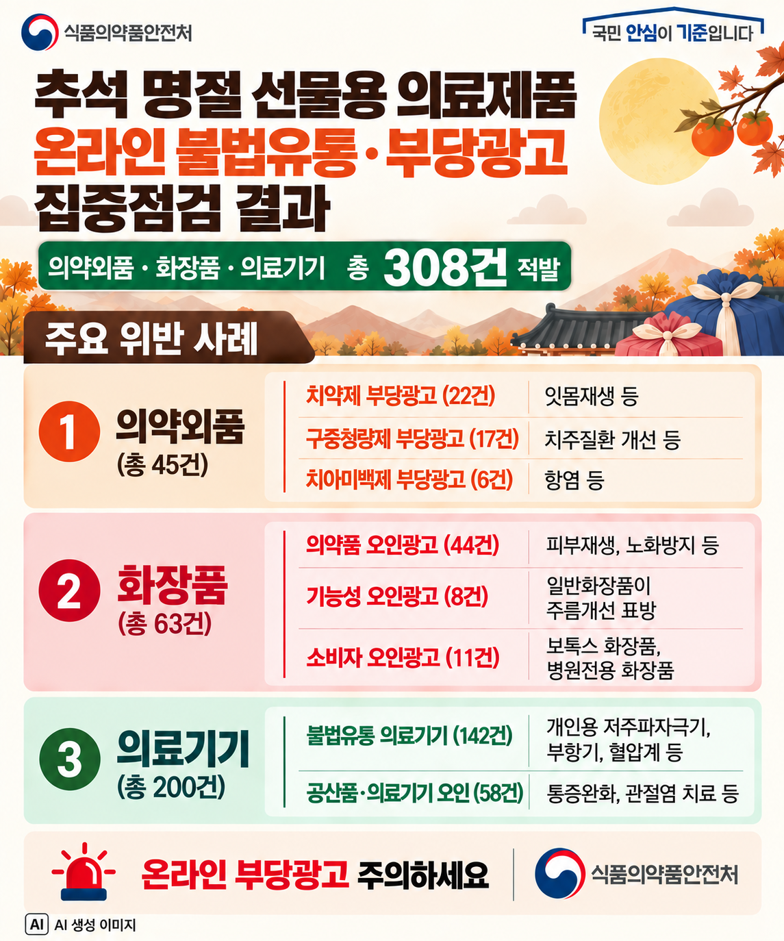 ▲추석 명절 선물용 의료제품 온라인 불법유통 부당광고 집중점검 결과. (사진제공=식품의약품안전처)