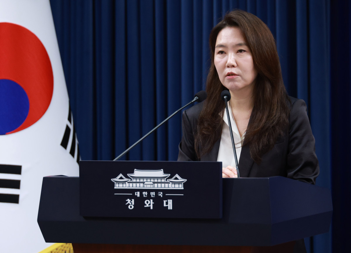▲강유정 수석대변인이 1일 청와대 기자회견장에서 김용범 정책실장 사퇴 관련 브리핑을 하고 있다. (사진= 연합뉴스)