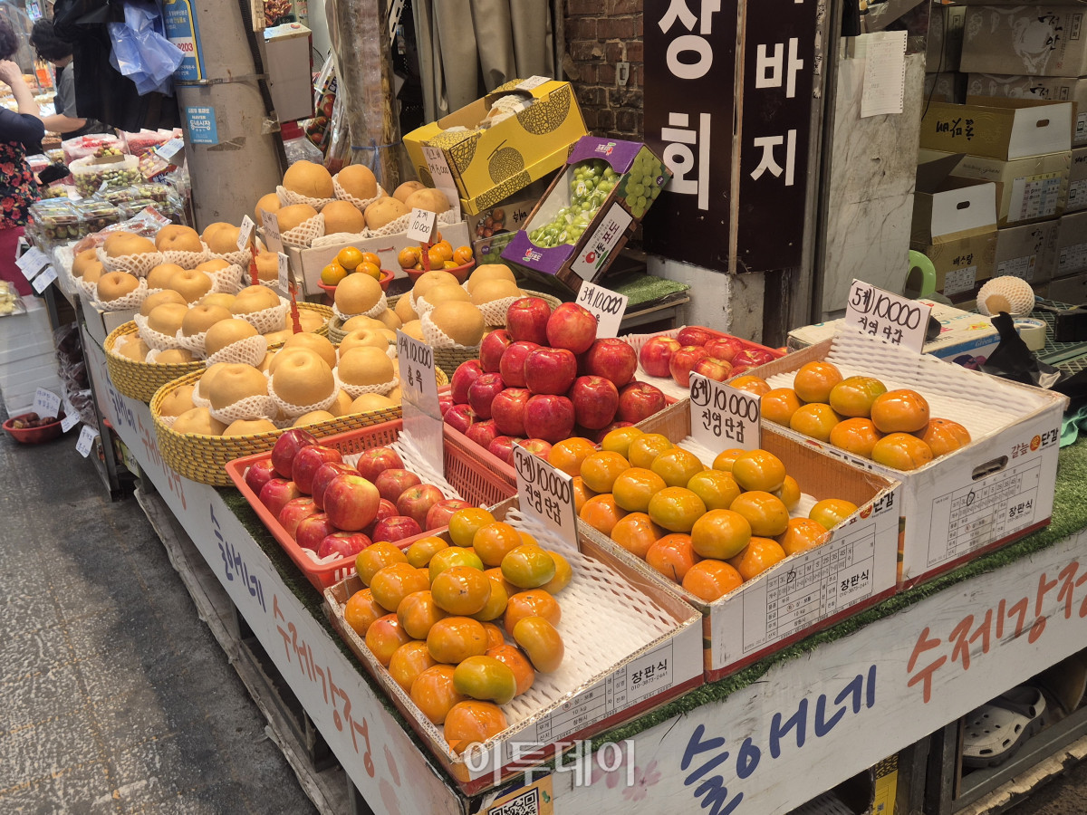 ▲추석을 앞둔 21일 오전 서울 동대문구 청량리종합시장 내 한 과일 매대에 배, 사과, 귤 등이 가격표와 함께 진열돼 있다. (김재은 기자 dove@)