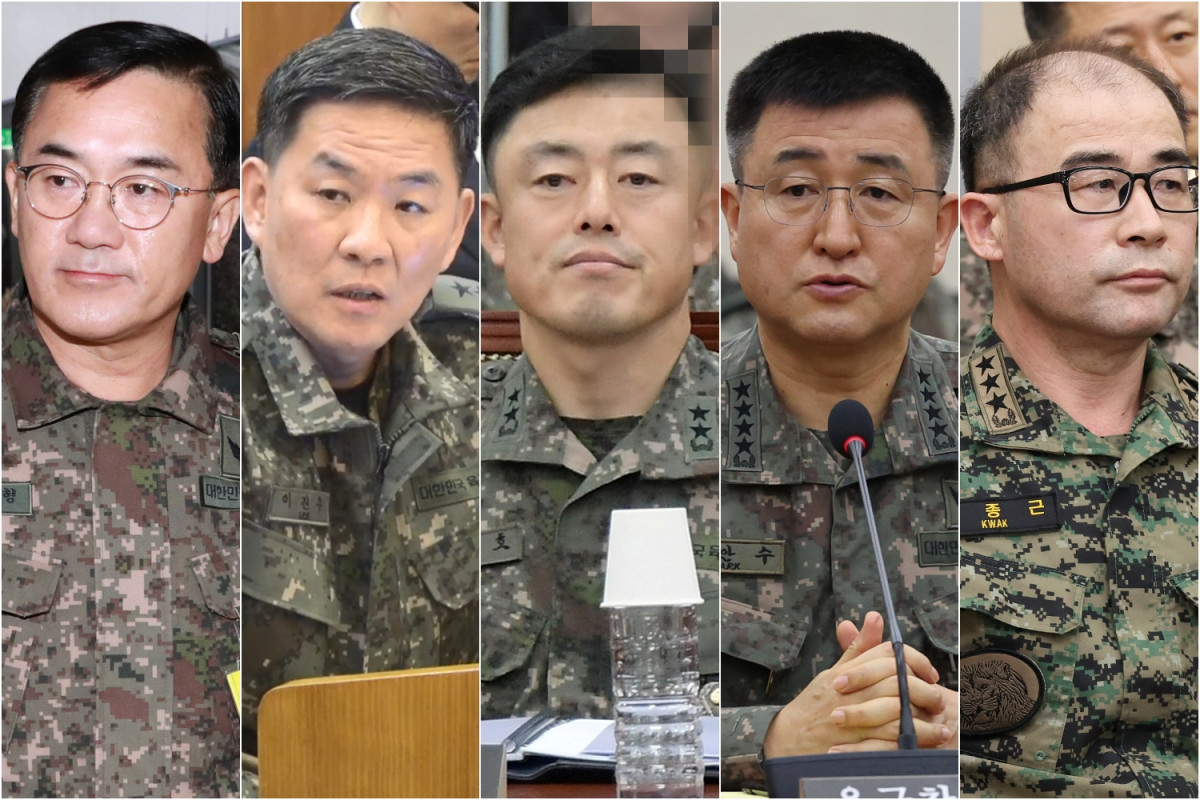 ▲여인형 전 국군방첩사령관(왼쪽부터), 이진우 전 국군수도방위사령관, 문상호 전 국군정보사령관, 박안수 전 육군참모총장, 곽종근 전 육군특수전사령관 (연합뉴스)