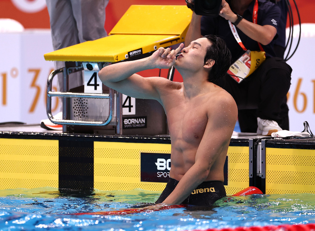 ▲2026 아이치ㆍ나고야 아시안게임 수영 남자 50m 개인 자유형 결승. 1위로 결승선을 통과한 한국 김영범이 기뻐하고 있다. (도쿄=연합뉴스)