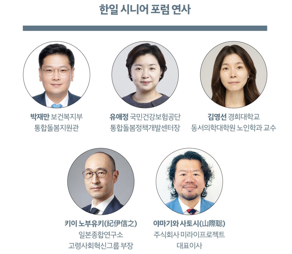 ▲(왼쪽 위부터 시계방향으로) 박재만 보건복지부 통합돌봄지원관, 유애정 국민건강보험공단 통합돌봄정책개발센터장, 김영선 경희대학교 동서의학대학원 노인학과 교수,  키이 노부유키(紀伊信之) 일본종합연구소 고령사회혁신그룹 부장, 야마기와 사토시(山際聡) 주식회사 미라이 프로젝트 대표이사)(그래픽·유영현 기자)