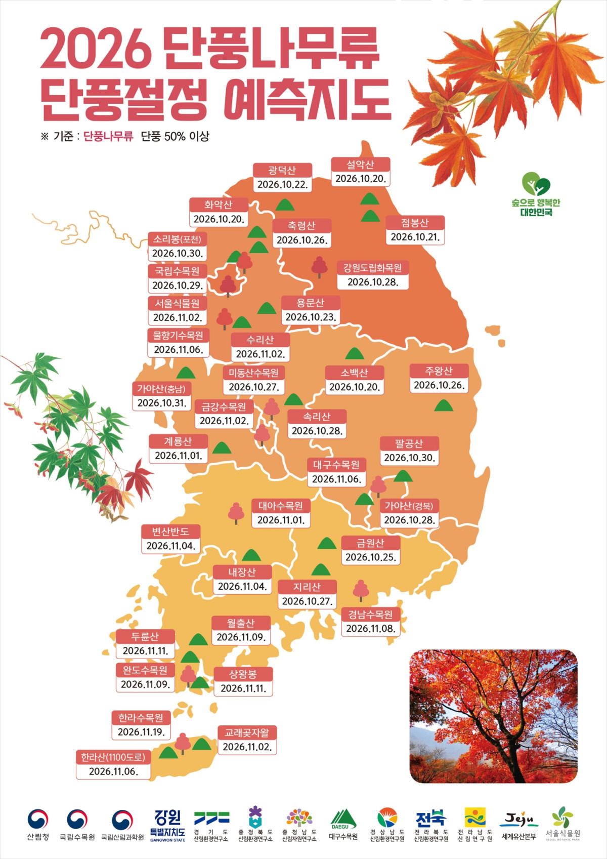 ▲2026 단풍절정 예측지도-단풍나무류 (자료제공=산림청)