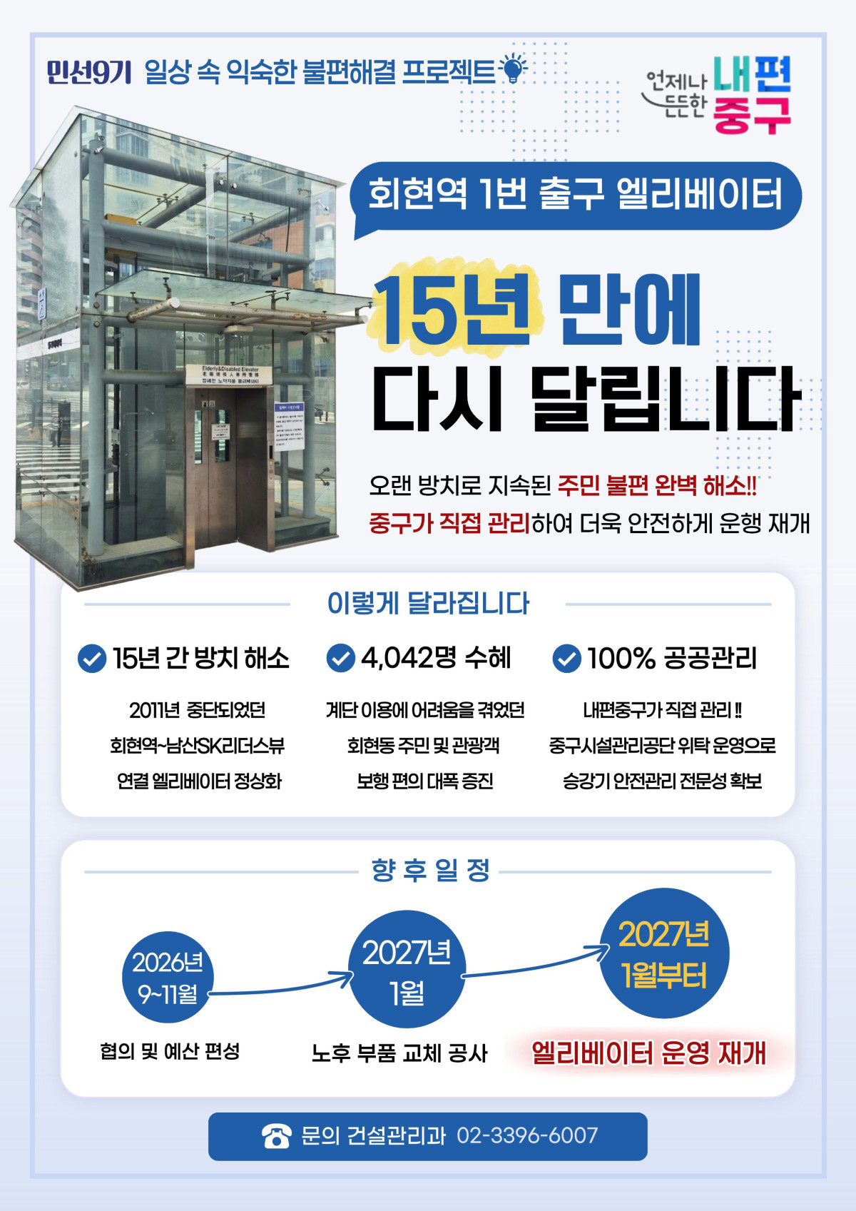 ▲‘지하철 4호선 회현역 1번 출구 엘리베이터’ 재가동 안내문. (사진 제공 = 서울 중구)