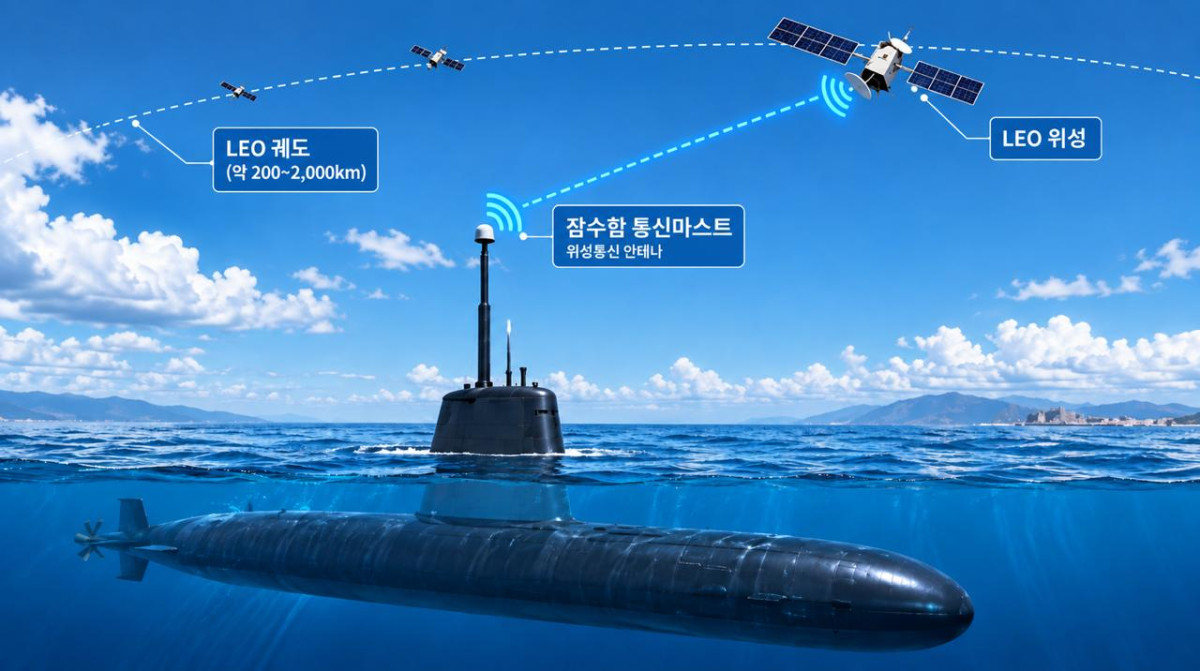 ▲저궤도 위성과 통신하는 잠수함 ESA 위성안테나 운용 개념. (사진제공=케이앤에스아이앤씨)