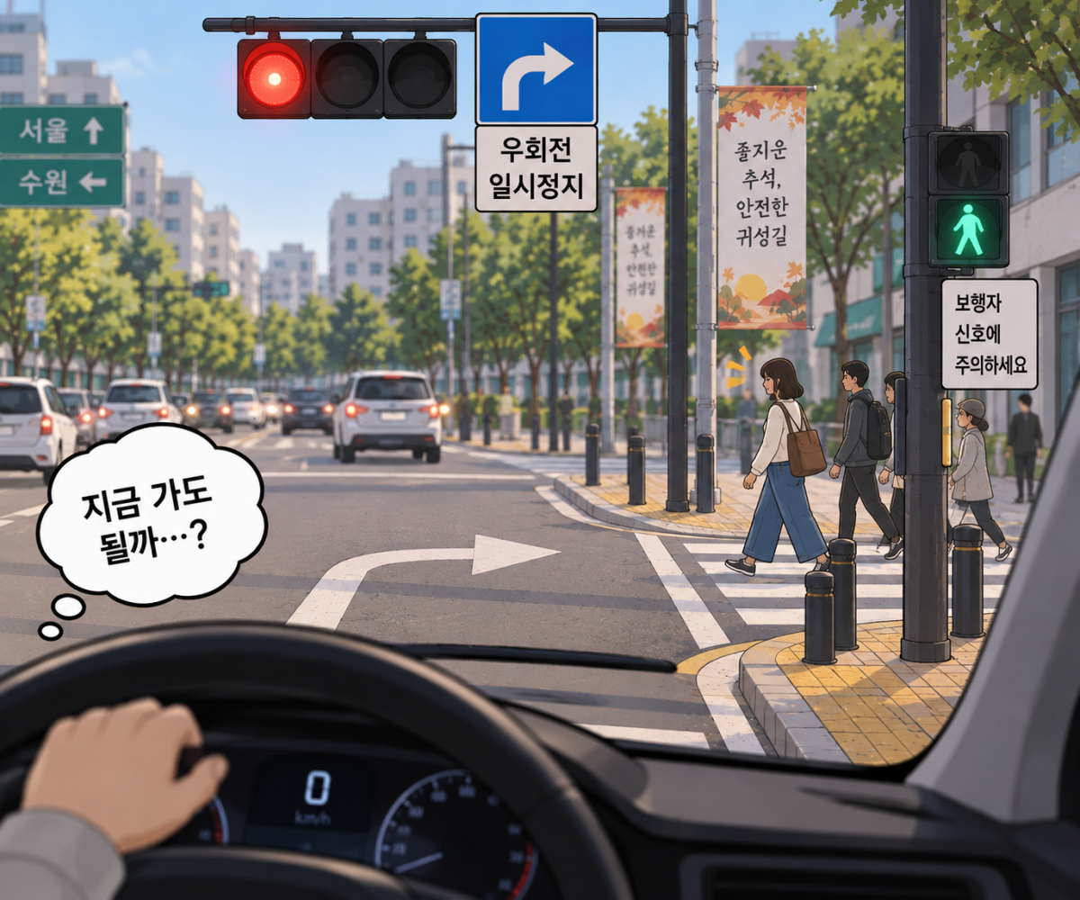 ▲생성형 AI 챗GPT에게 전방 신호가 빨간불인 상황에서 우회전시 일시정지를 해야하는지 고민하는 운전자의 모습을 그려달라고 요청했다.
(사진=AI 생성) (챗GPT)