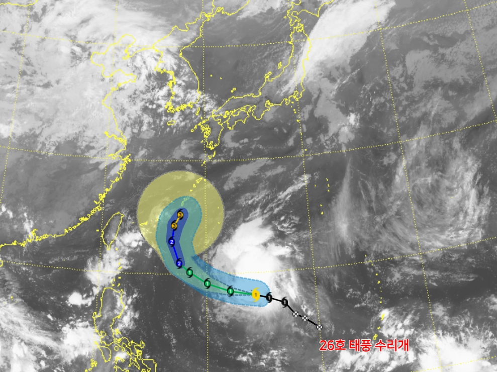 ▲제26호 태풍 ‘수리개’ 예상 경로 (출처=기상청 날씨누리)