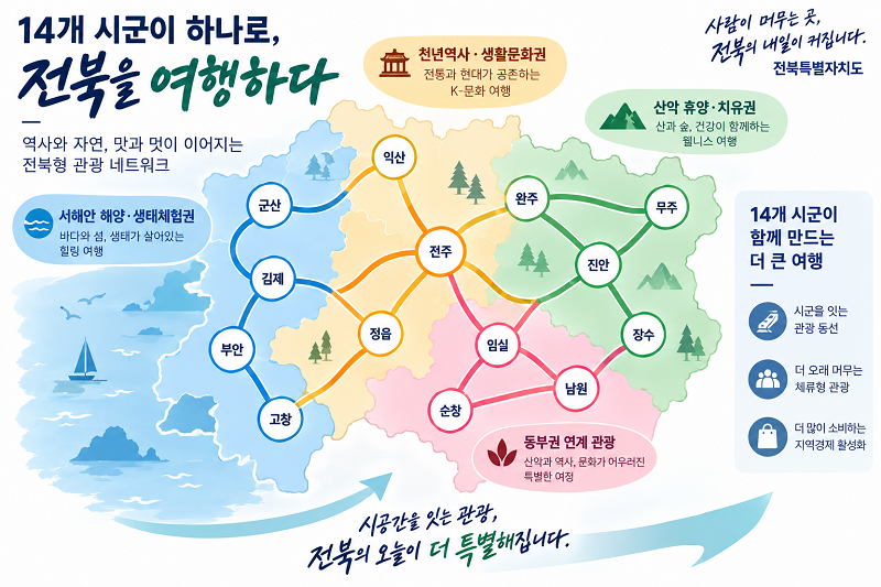 ▲전북 14개 시군을 역사·문화, 해양·생태, 산악·휴양, 동부권 연계 관광으로 연결한 관광 네트워크 구상도. (사진제공=전북특별자치도)