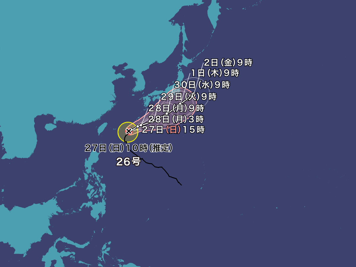 ▲27일 오전 기준 제26호 태풍 ‘수리개’ 예상 진로. 수리개는 오키나와 부근을 지나 일본 남쪽 해상을 따라 북동진할 것으로 예보됐다. (출처=일본 기상청)