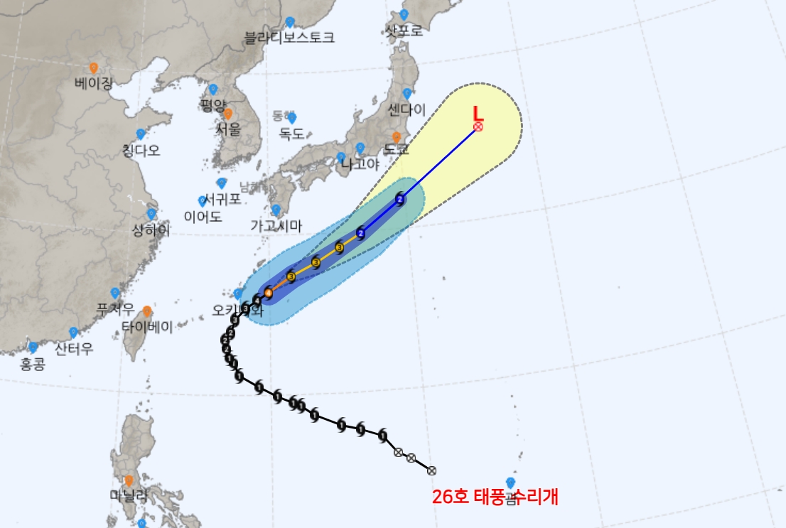 ▲제26호 태풍 '수리개' 예상경로 (출처=기상청 날씨누리)