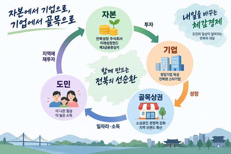 ▲전북도가 구상한 자본·기업·골목상권·도민을 잇는 ‘체감경제’ 선순환 구조도. (사진제공=전북특별자치도)