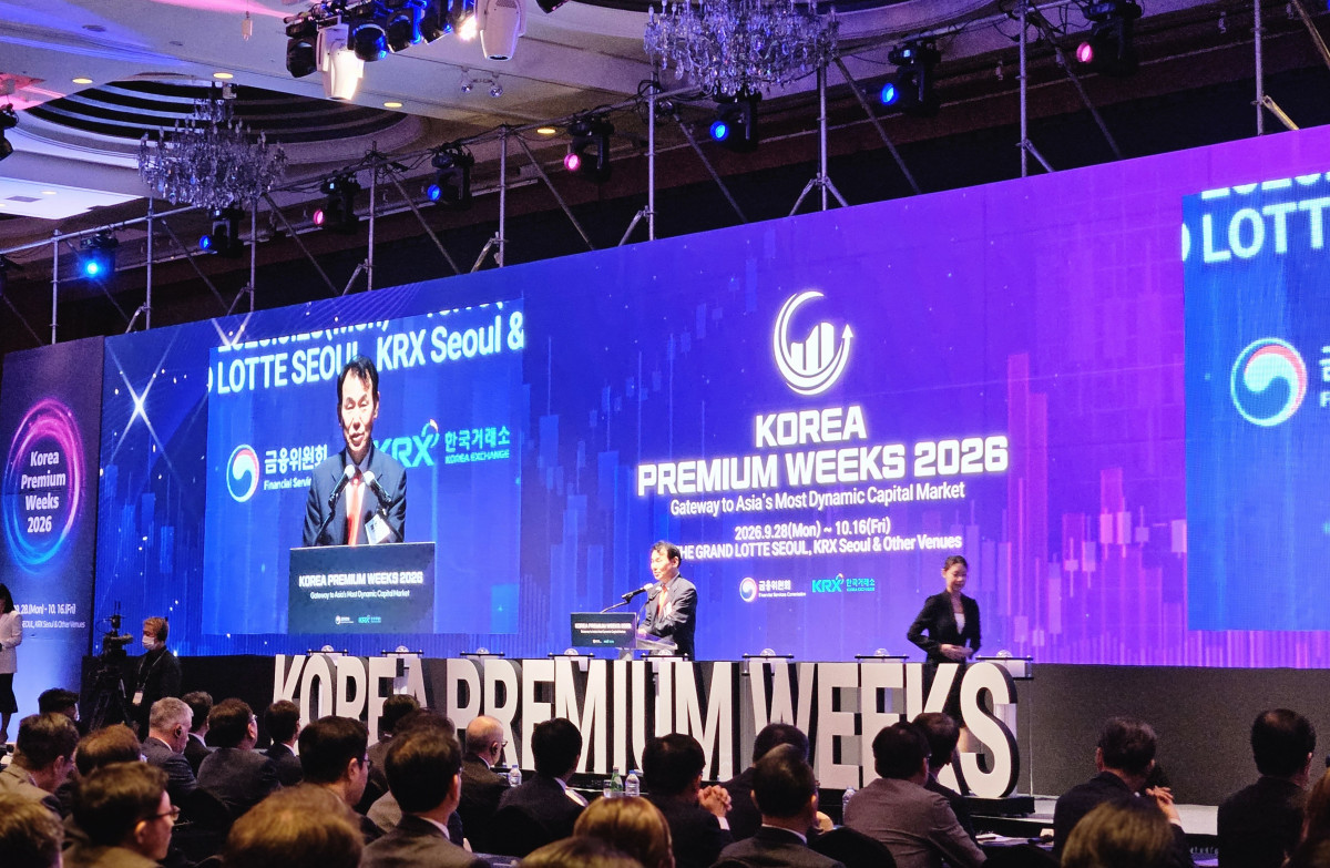 ▲정은보 한국거래소 이사장이 28일 오전 더그랜드롯데 서울에서 열린 '코리아 프리미엄 위크(Korea Premium Week) 2026'에서 축사를 하고 있다. (사진=신혜주 기자)