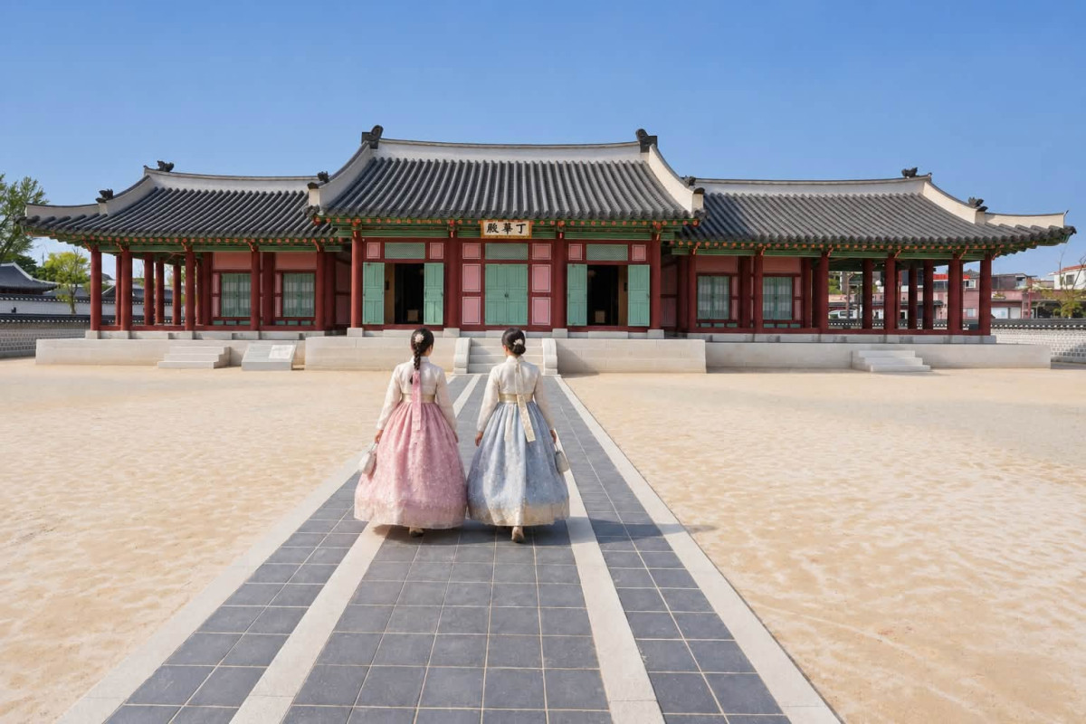 ▲이재준 수원특례시장이 28일 페이스북에 게시한 화성행궁 홍보 이미지. 한복 차림의 방문객들이 화성행궁 내부를 걷고 있다. 해당 페이스북 게시물에는 ‘AI 콘텐츠’ 표시가 붙어 있다. (이재준 시장 페이스북 캡처)