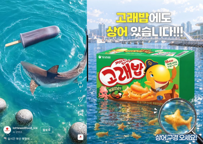 ▲롯데웰푸드 죠스바 마케팅 콘텐츠(왼)와 오리온 고래밥 마케팅 콘텐츠. (사진제공=각 사)