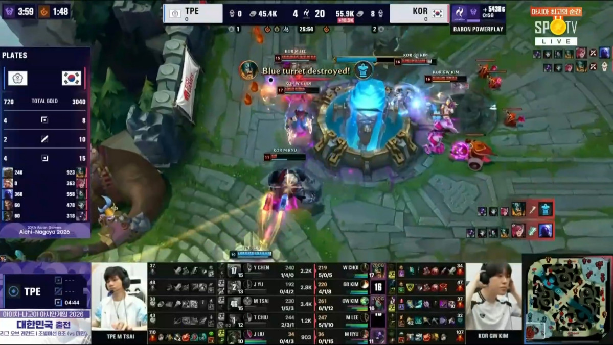 ▲한국 LoL 대표팀이 30일 열린 2026 아이치ㆍ나고야 아시안게임 조별리그 B조 대만전에서 상대 넥서스를 공격하고 있다. (출처=네이버 치치직 '아시안게임 SPOTV' 채널 중계 화면 캡처)