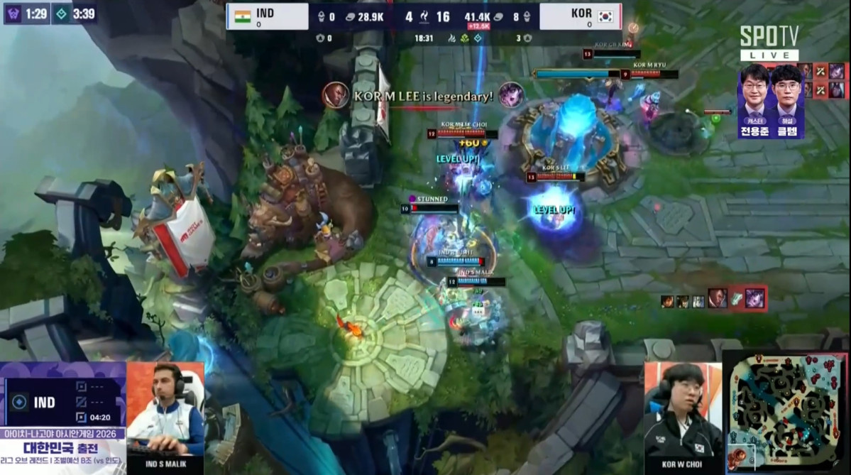 ▲한국 LoL 대표팀이 30일 열린 2026 아이치ㆍ나고야 아시안게임 조별리그 B조 인도전에서 상대 본진을 공격하고 있다. (출처=네이버 치치직 '아시안게임 SPOTV' 채널 중계 화면 캡처)