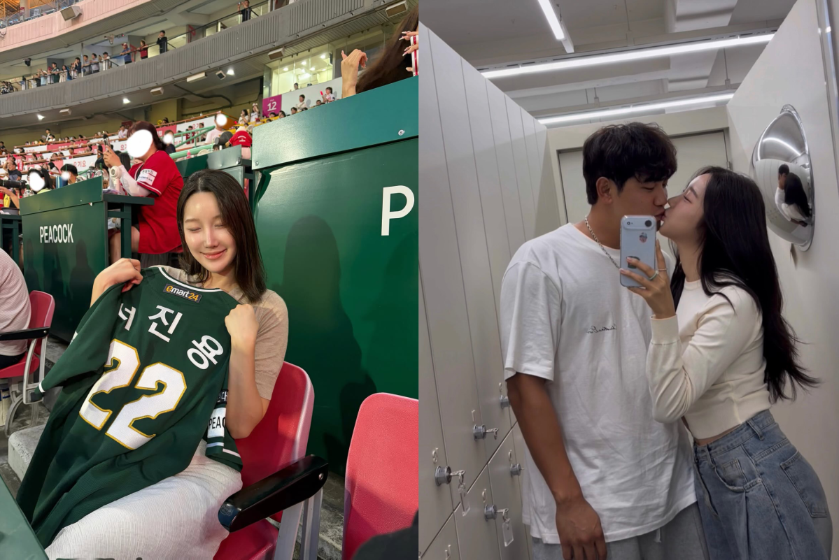 ▲아나운서 정유성이 공개한 사진. 왼쪽은 서진용의 유니폼을 들고 있는 정유성, 오른쪽은 서진용과 정유성의 다정한 모습. (출처=정유성 SNS 캡처)