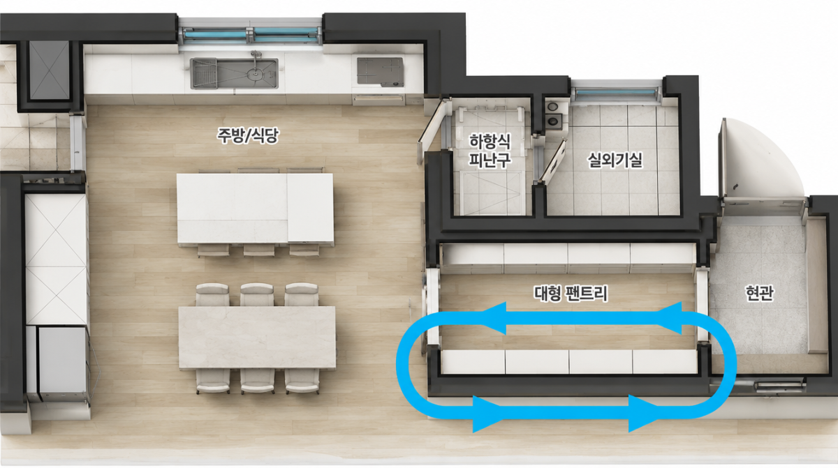 ▲한화포레나 전용면적 84㎡ 대면형 광폭주방 및 순환형 펜트리 평면도. (사진제공=한화 건설부문)