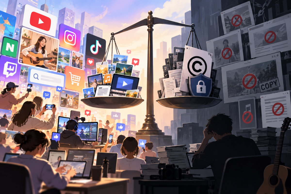 ▲챗GPT에 '플랫폼이 넘치는 시대에 자유로운 정보 유통과 창작자의 저작권 관련 문제가 팽팽한 긴장감을 형성하는 상황'을 묘사해달라고 했다. (챗GPT)
