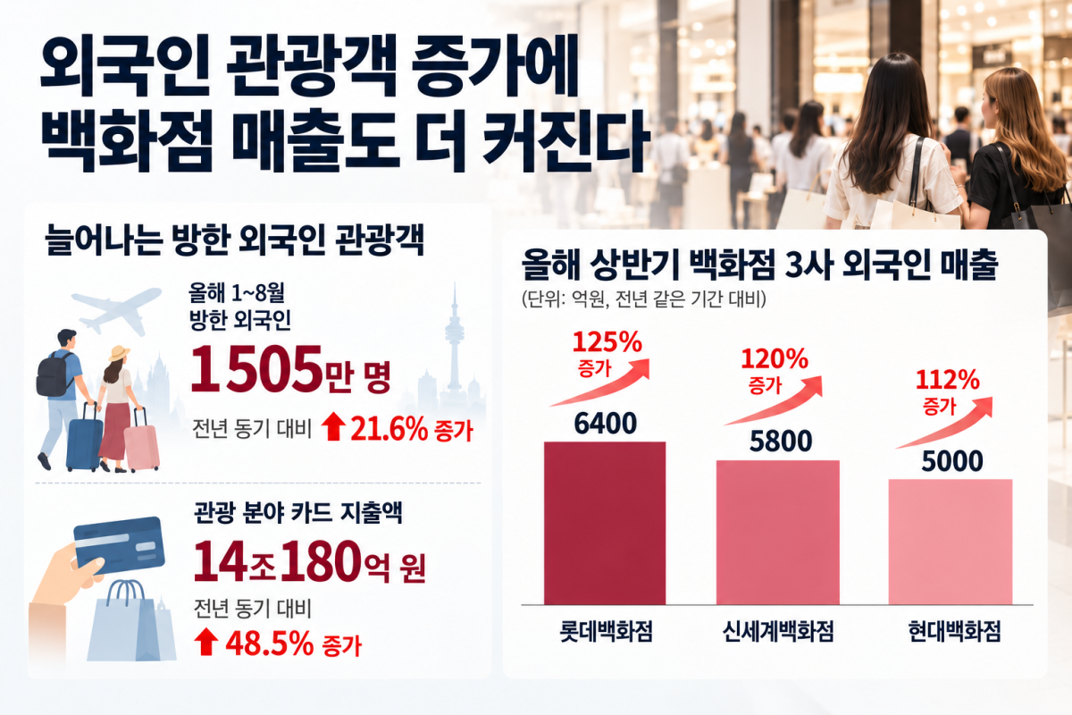 ▲외국인 관광객 증가에 따른 백화점 매출 현황 (자료제공=문체부, 백화점 각 사)