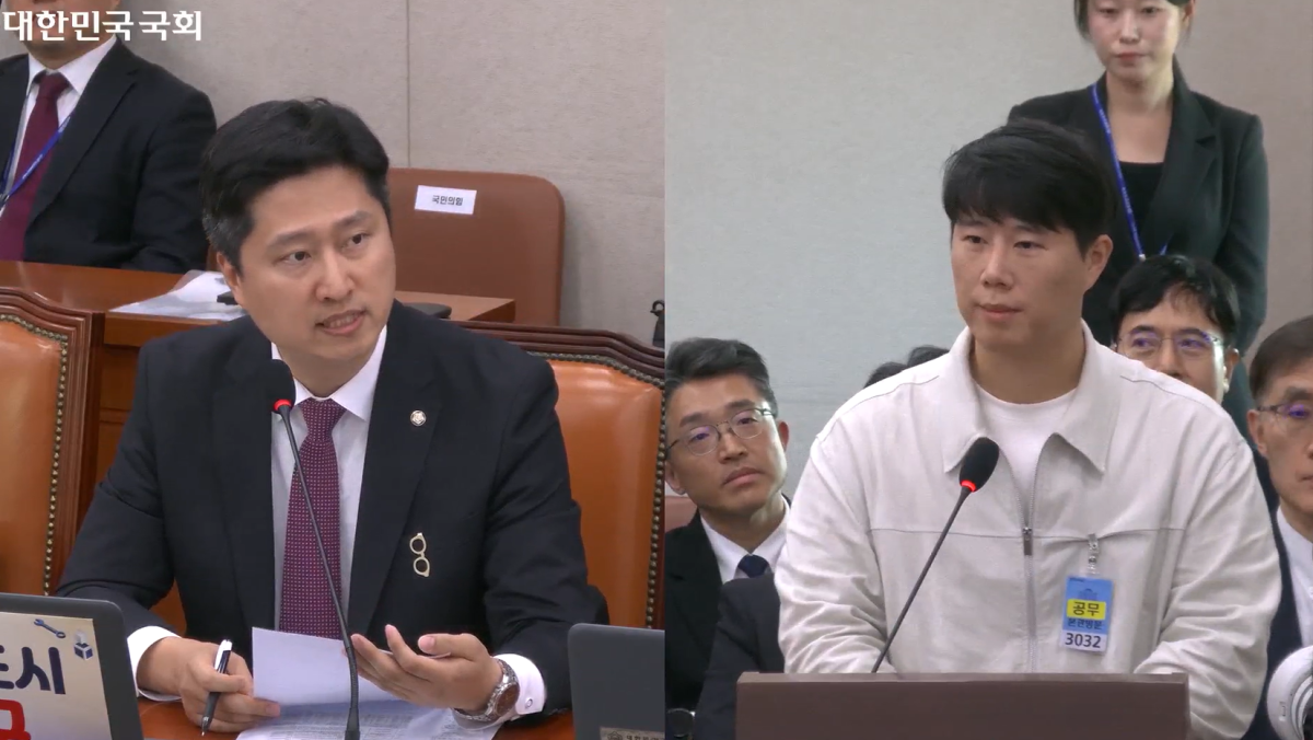 ▲최승호(오른쪽) 삼성그룹 초기업노동조합 삼성전자지부 위원장이 6일 국회 산업통상자원중소벤처기업위원회 국정감사에 증인으로 출석해 우재준 국민의힘 의원의 질의에 답하고 있다. (의사중계시스템 캡처.)