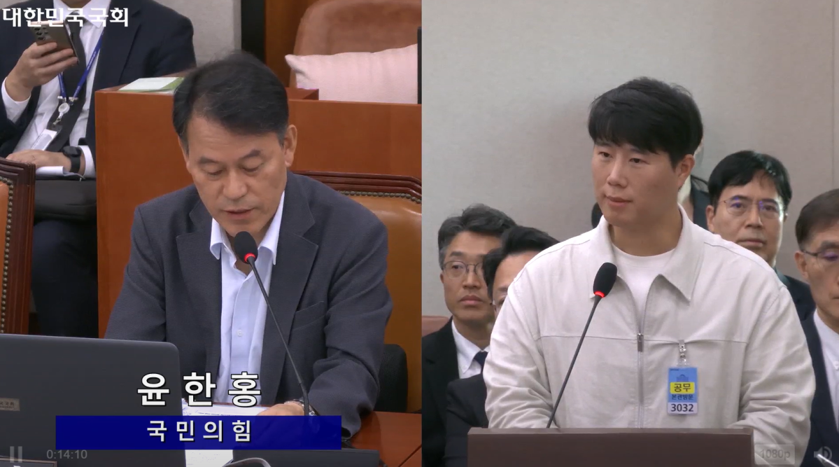 ▲최승호(오른쪽) 삼성그룹 초기업노동조합 삼성전자지부 위원장이 6일 국회 산업통상자원중소벤처기업위원회 국정감사에 증인으로 출석해 윤한홍 국민의힘 의원의 질의에 답하고 있다. (의사중계시스템 캡처.)