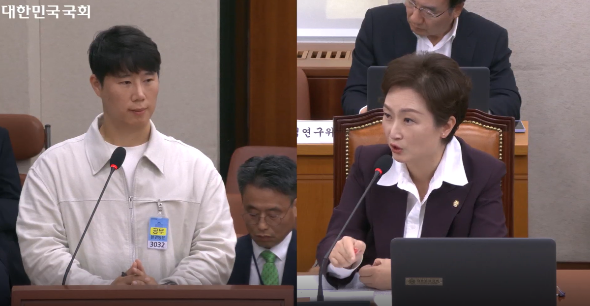 ▲최승호(왼쪽) 삼성그룹 초기업노동조합 삼성전자지부 위원장이 6일 국회 산업통상자원중소벤처기업위원회 국정감사에 증인으로 출석해 의원 질의에 답하고 있다. (의사중계시스템 캡처.)