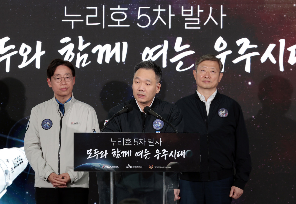 ▲김선 한화에어로스페이스 우주사업총괄(부사장)이 7일 나로우주센터에서 언론브리핑을 진행하고 있다. (사진제공=항우연)