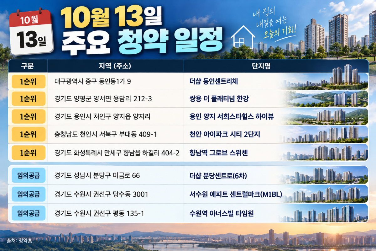 ▲10월 13일 주요 청약 일정 (사진=AI 생성)