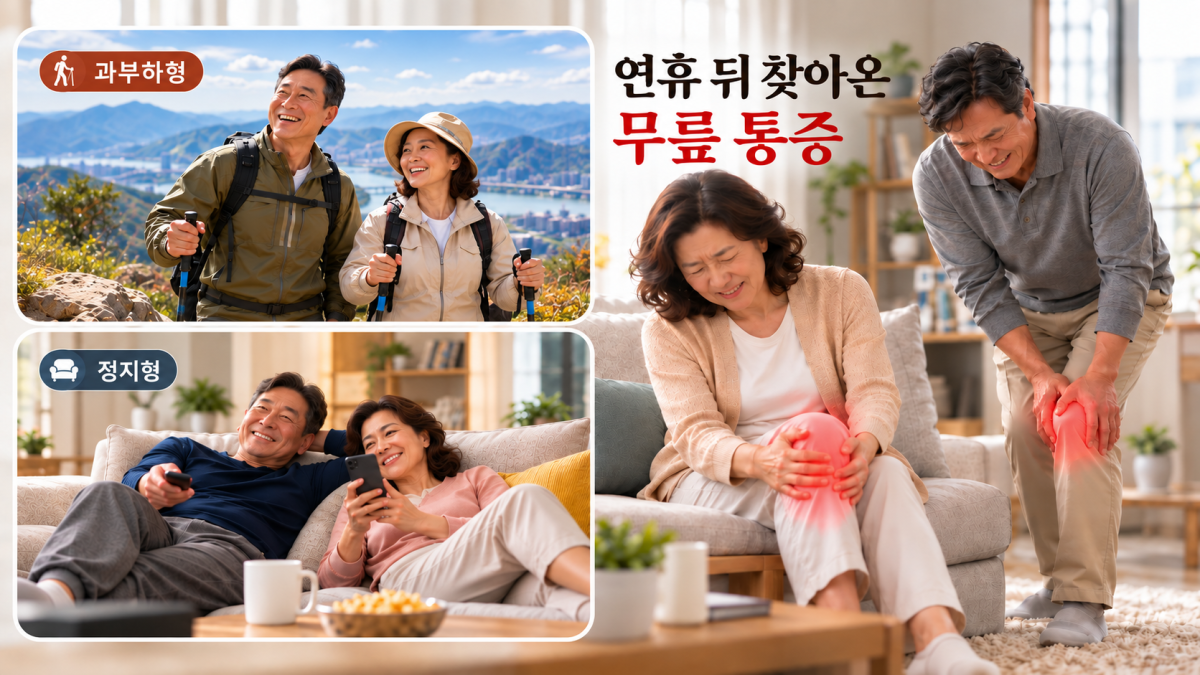 ▲연휴 동안 산행을 즐기거나 집에서 휴식을 취한 중장년층 부부가 연휴 이후 찾아온 무릎 통증으로 불편을 겪고 있다. (AI 생성 이미지)