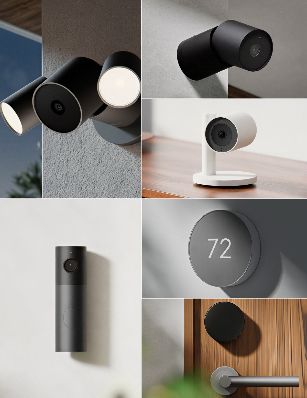 ▲LG전자가 13일(현지시간) 뉴욕 맨해튼에서 애플(Apple)과 공동 개발한 차세대 IoT 기기 7종을 발표했다. 이 제품은 애플의 iOS 생태계와 유기적으로 연동되며, 깔끔한 미니멀 디자인과 강력한 프라이버시 보호 기능을 탑재한 것이 특징이다. 좌측 상단부터 시계 방향으로 투광조명 탑재한 실외 카메라, 실외 카메라, 실내 카메라, 온도 조절기, 도어락, 도어벨. (사진제공=LG전자)