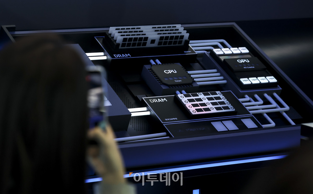 ▲14일 서울 강남구 코엑스에서 열린 '제28회 반도체대전'을 찾은 참관객들이 삼성전자 부스에 전시된 HBM(고대역폭메모리)을 살펴보고 있다. 고성준 기자 joonko1@