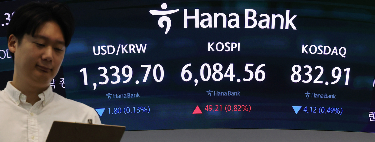 ▲전날 급락했던 코스피, 상승 출발 (서울=연합뉴스) 김주형 기자 = 전날 급락했던 코스피가 장 초반 1% 내 상승세로 출발한 14일 서울 중구 하나은행 본점 딜링룸 전광판에 코스피와 코스닥, 원/달러 환율이 표시돼 있다. 이날 오전 9시 1분 현재 코스피는 전날보다 48.68(0.81%) 오른 6,084.03이다. 이후 상승세는 1%대로 확대됐다. 같은 시각 코스닥 지수는 0.95포인트(0.11%) 내린 836.08이다. 2026.10.14 kjhpress@yna.co.kr(끝)<저작권자(c) 연합뉴스, 무단 전재-재배포, AI 학습 및 활용 금지>