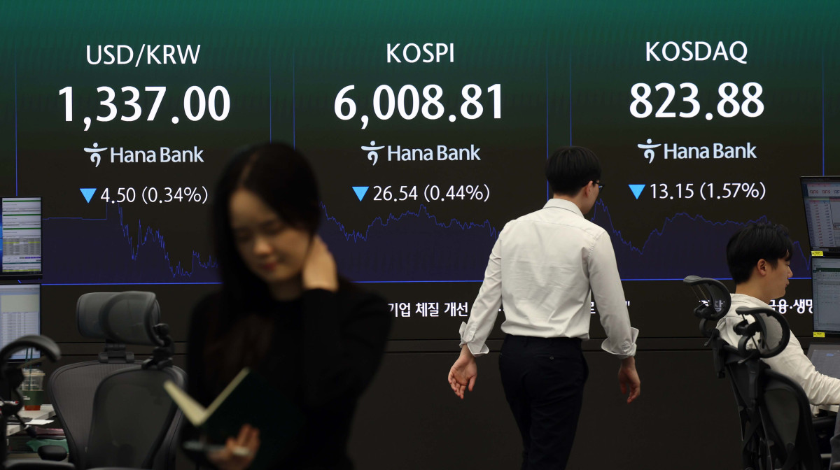 ▲코스피가 6거래일 연속 하락하며 6000선에 턱걸이한 14일 서울 중구 하나은행 본점 모니터에 코스피 등 시황이 표시되고 있다. 이날 코스피는 전 거래일보다 0.44% 내린 6008.81에 거래를 마쳤다. 코스닥은 전 거래일 대비 1.57% 하락한 823.88에 마감했다. 서울 외환시장에서 원·달러 환율은 전 거래일 오후 3시 30분 주간 종가 대비 6.8원 내린 1338.3원을 기록했다. 신태현 기자 holjjak@