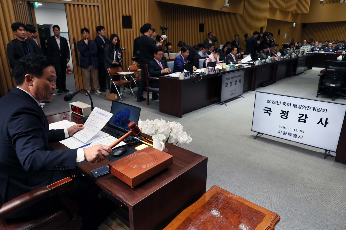 ▲15일 서울 중구 서울시청에서 열린 국회 행정안전위원회의 서울시에 대한 국정감사에서 김영진 행안위원장이 의사봉을 두드리고 있다. 신태현 기자 holjjak@