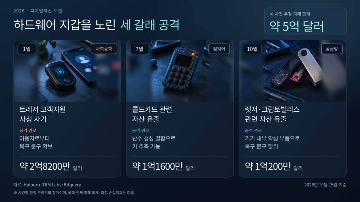 ▲2026년 하드웨어 지갑 관련 주요 보안 사고 3건의 공격 경로와 추정 피해 규모. 사회공학 사기·펌웨어 결함·공급망 공격으로 발생한 세 사건의 피해 추정액은 총 약 5억 달러다. (출처=Halborn·TRM Labs·Bitquery)